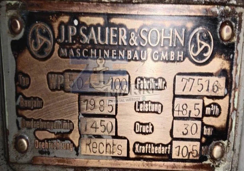 J P SAUER & SOHN WP 50 L Compressor - J.P._Sauer_Sohn_WP‑50L_compressor_name_plate - Marine Spare Parts Supplier