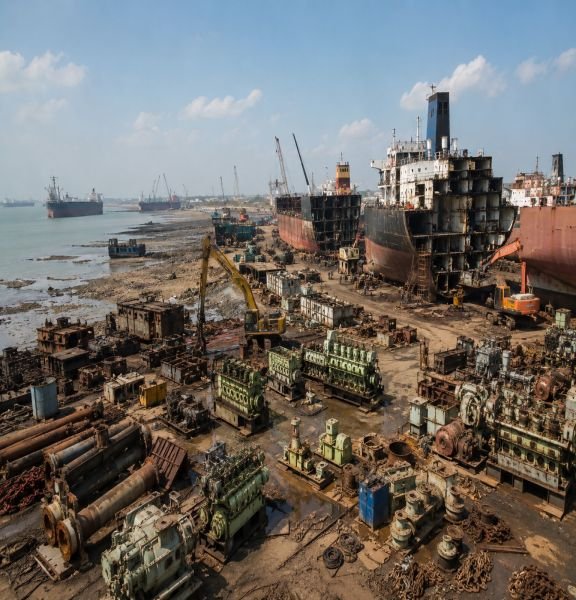 Alang ship recycling yard in India with dismantled ships and marine machinery