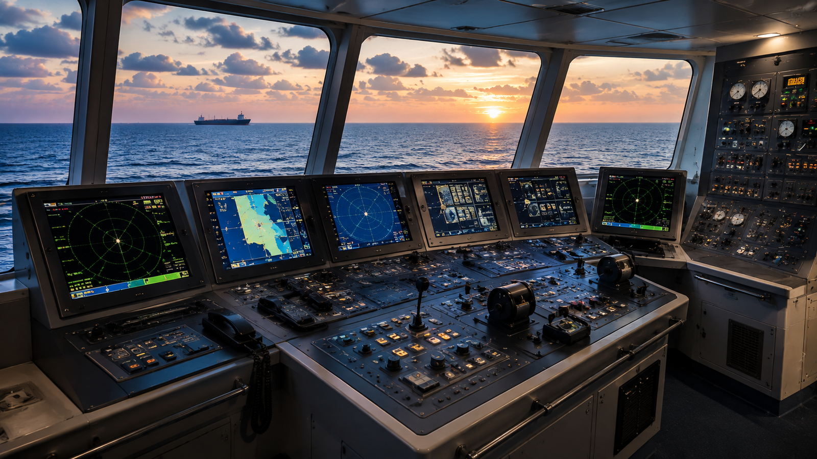 Marine navigation equipment and automation systems on a ship bridge