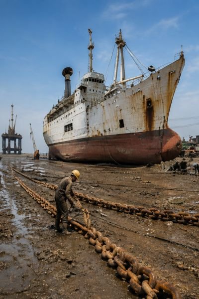 Dismantled ship at a coastal shipbreaking yard with marine machinery